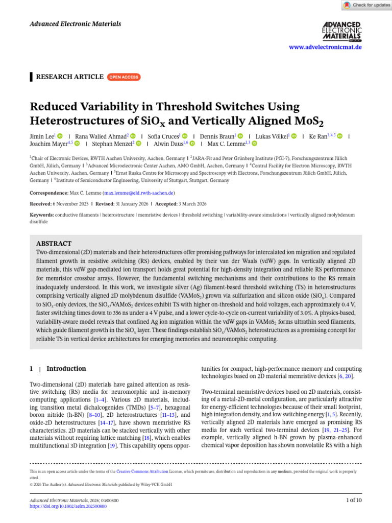 Adv Elect Materials - 2026 - Lee - Reduced Variability in Threshold ...
