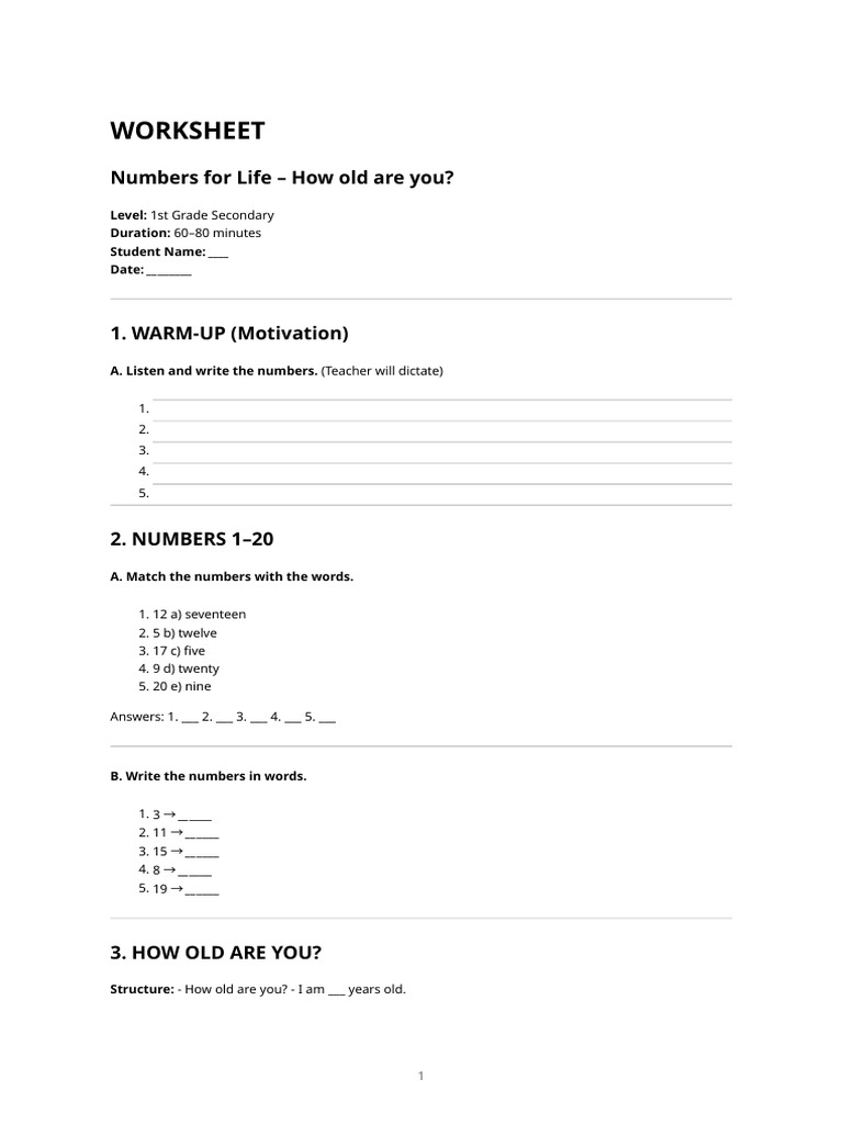 Worksheet - Numbers For Life (How Old Are You - ) | PDF