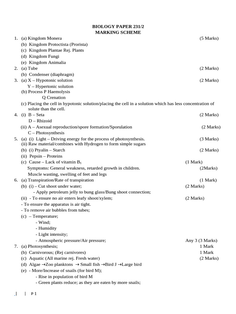 Biology PP2 Marking Scheme - Docx Form 3 End Term 3 | PDF | Coagulation ...