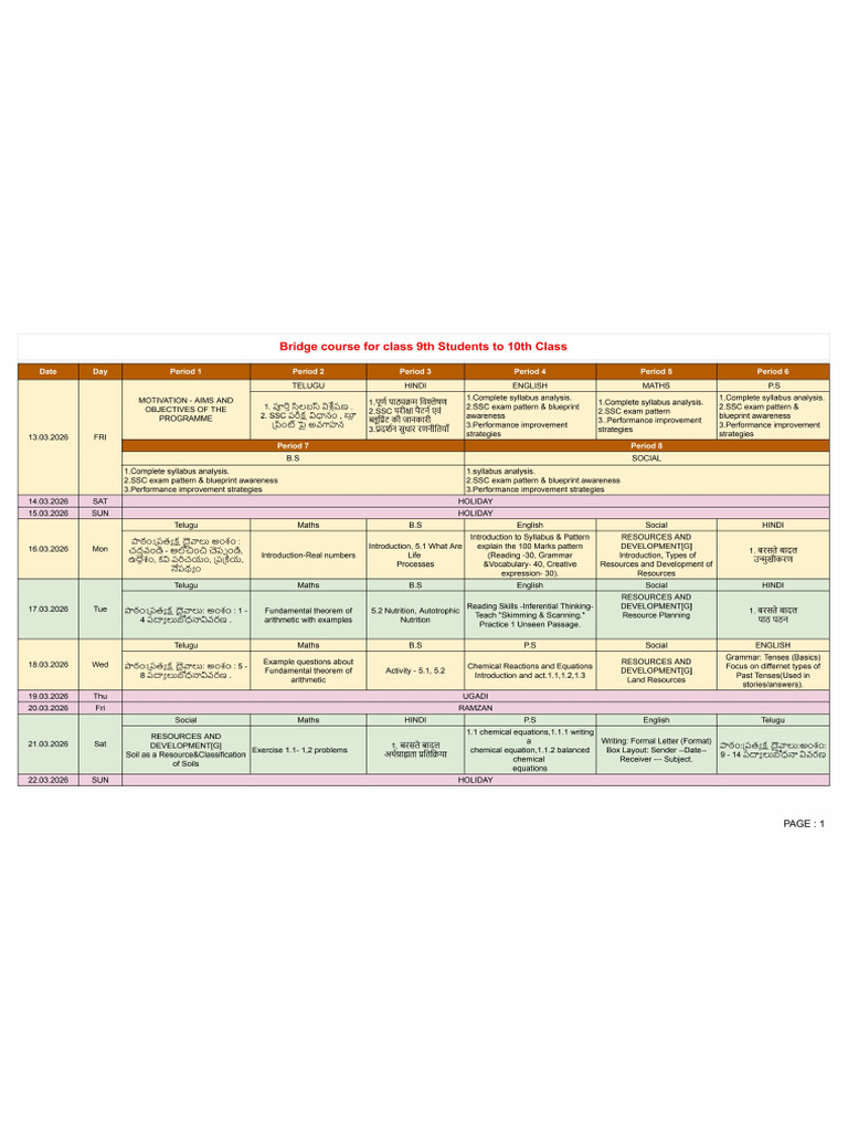 Ix To X Class Bridge Course Schedule From13.3.2026 | PDF