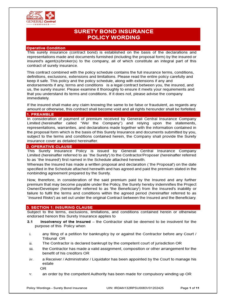 Surety Bond Insurance Retail Policy Wording | PDF