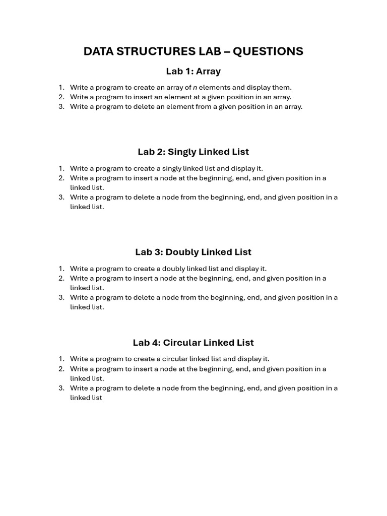 Data Structures Lab Questions | PDF