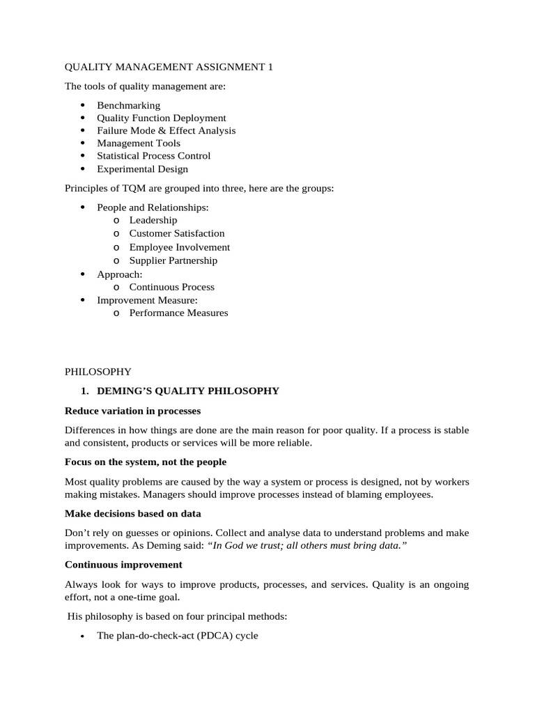 Quality Management Assignment 1 | PDF | Quality Management | Evaluation ...
