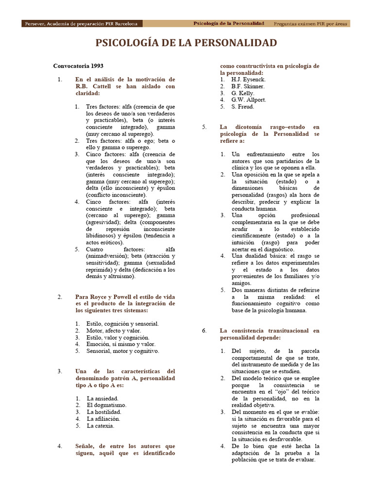 Personalidad. PREGUNTAS 2023 2 | PDF | Sicología | Psicología de la ...