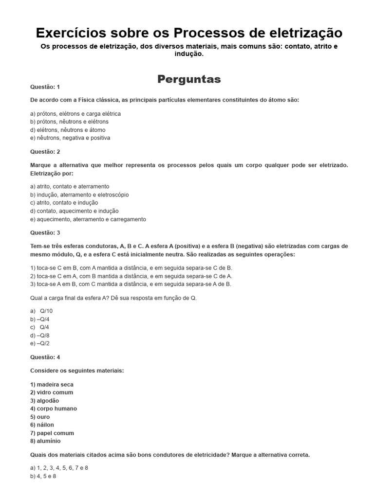 Exercícios Sobre Os Processos de Eletrização - Brasil Escola | PDF ...