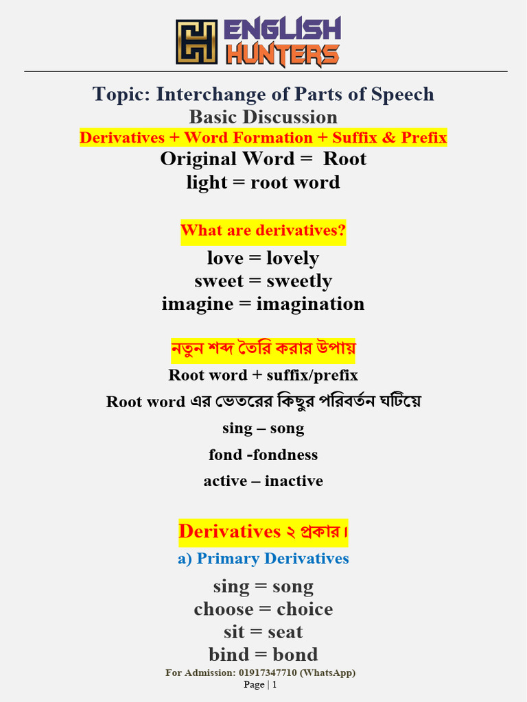 20 Derivaties + Interchange of Parts of Speech Word Formation | PDF ...