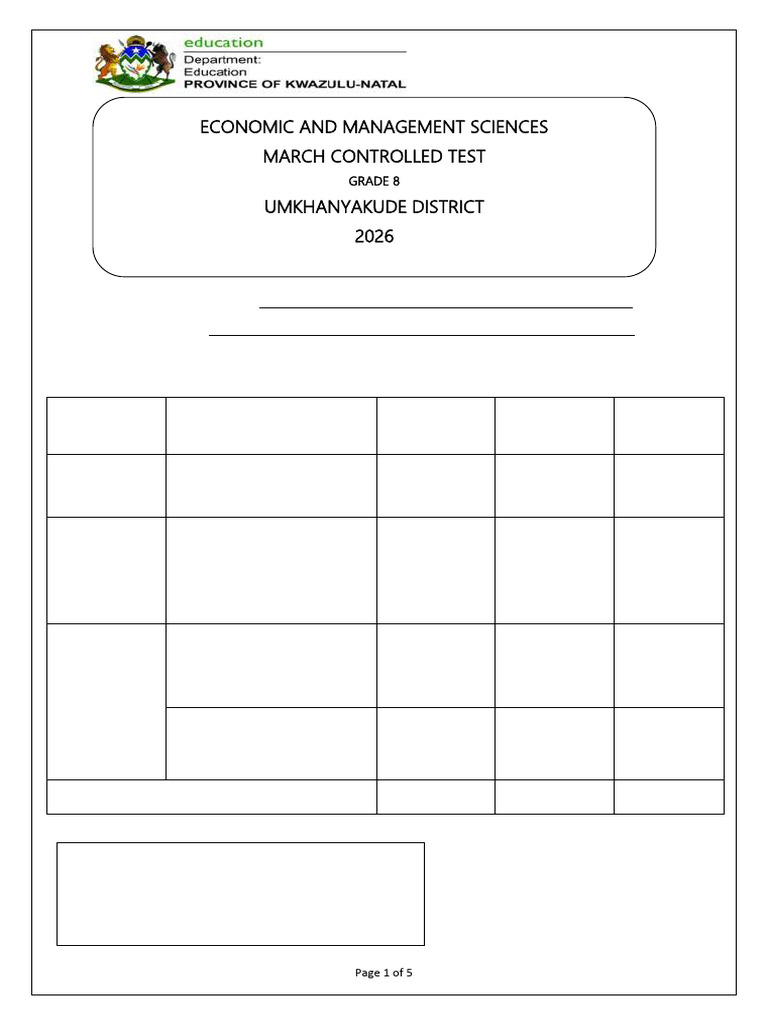 2026 Umkhanyakude EMS Grade 8 March Controlled Test (QP) | PDF | Equity ...