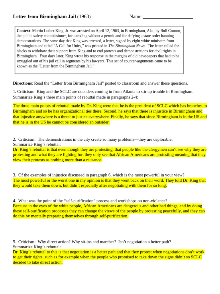 Letter From Birmingham Jail Questions | PDF | Martin Luther King Jr.