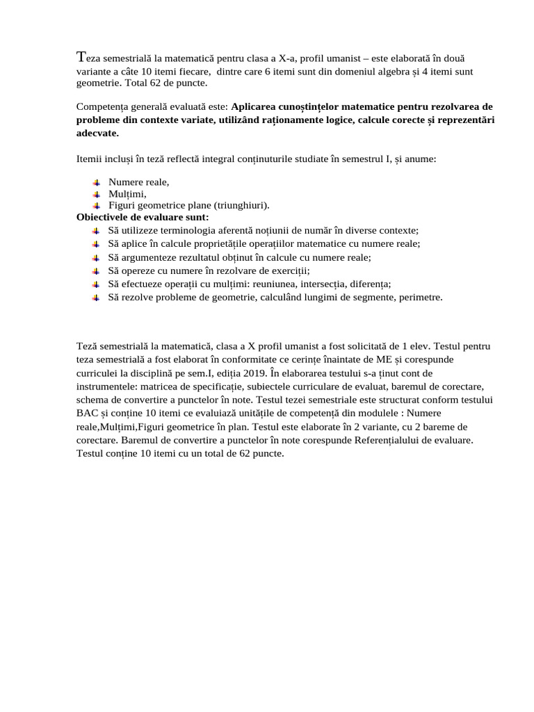 Analiza Instrumentelor de Evaluare Și a Subiectelor Tezelor Semestrial ...