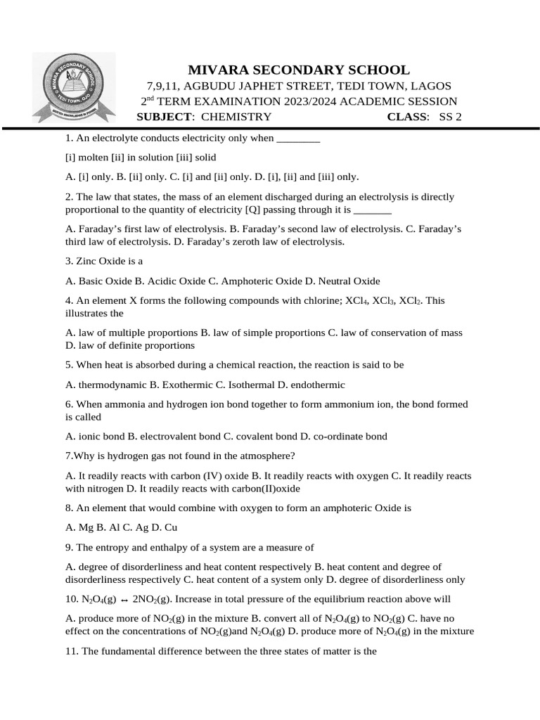 Chemistry Second Term EXAM | PDF