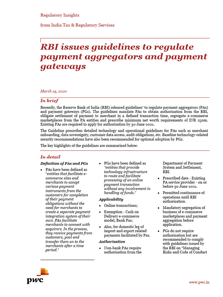 2020 Guidelines On PA and PG - PWC | PDF | Reserve Bank Of India | Payments