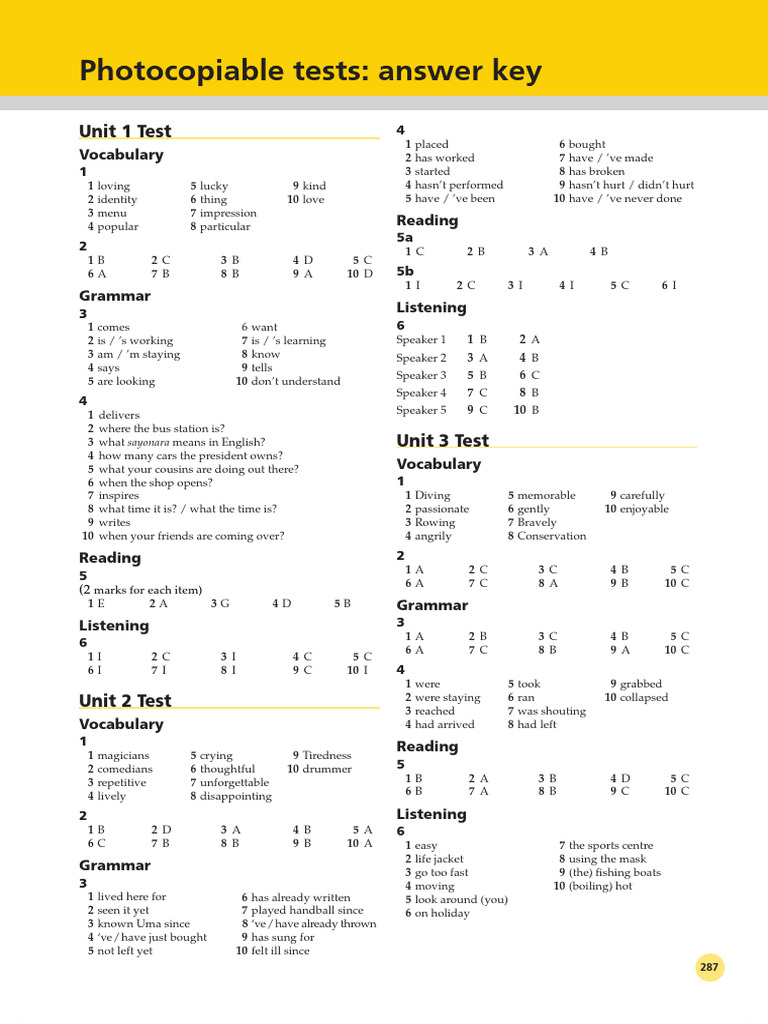 Intermediate Unit Tests AnswerKey | PDF