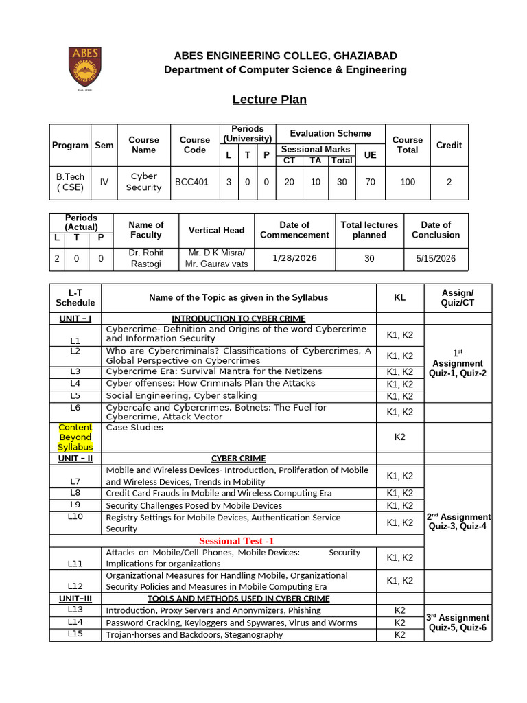 11 - Lecture Plan Final On 11 Jan. 2026 | PDF | Security | Computer ...