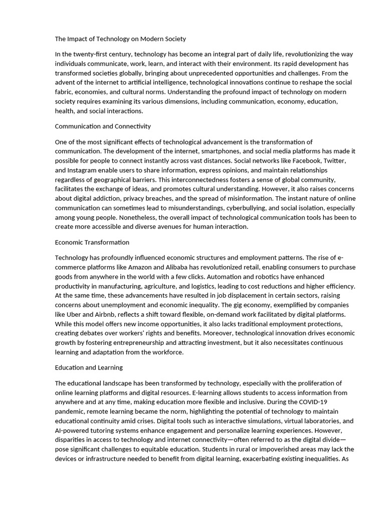 The Impact of Technology On Modern Society | PDF