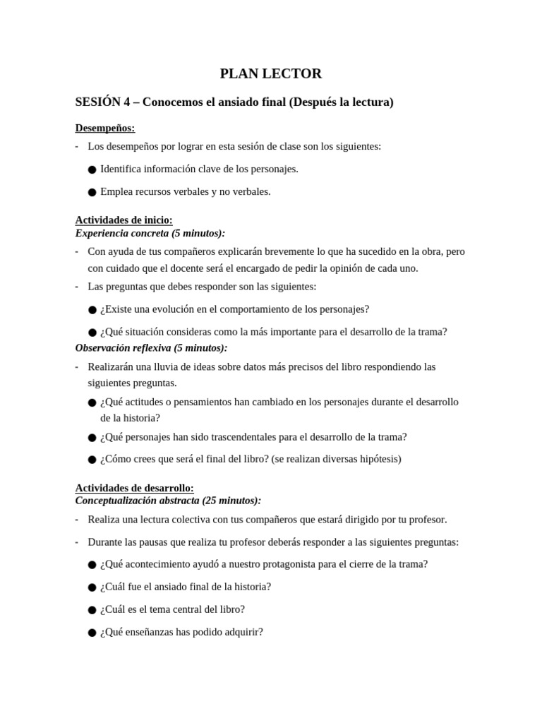 Sesiones - Plan Lector | PDF | Cognición | Ciencia cognitiva