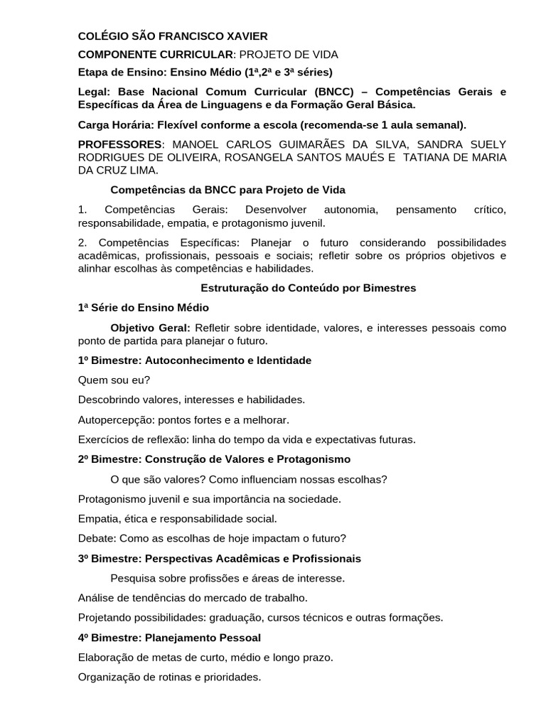 Plano de Ensino Projeto de Vida MEDIO-1 | PDF | Educação Financeira