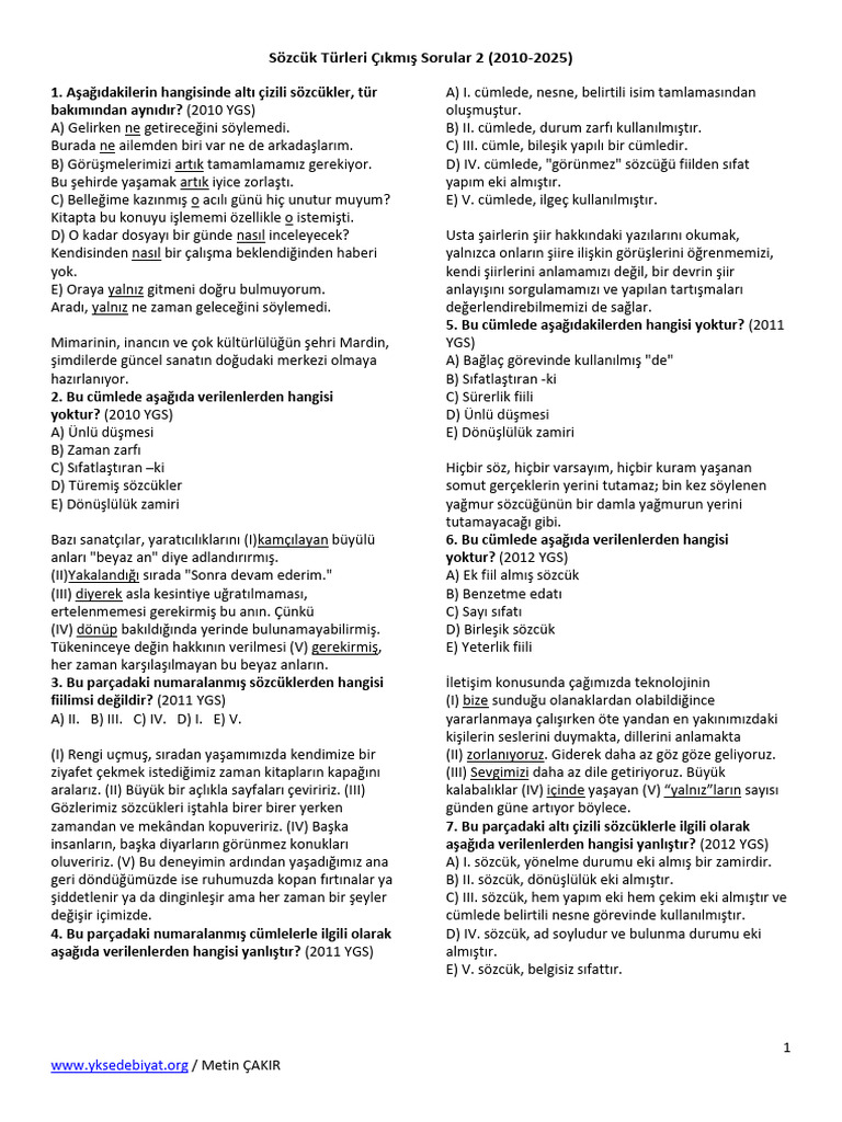 Sözcük Türleri Çıkmış Sorular 2 | PDF