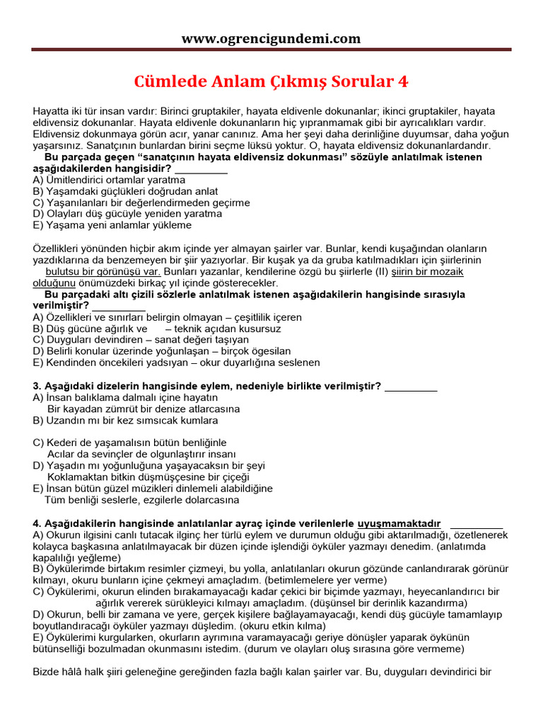 Cümlede Anlam Çıkmış Sorular 4 | PDF