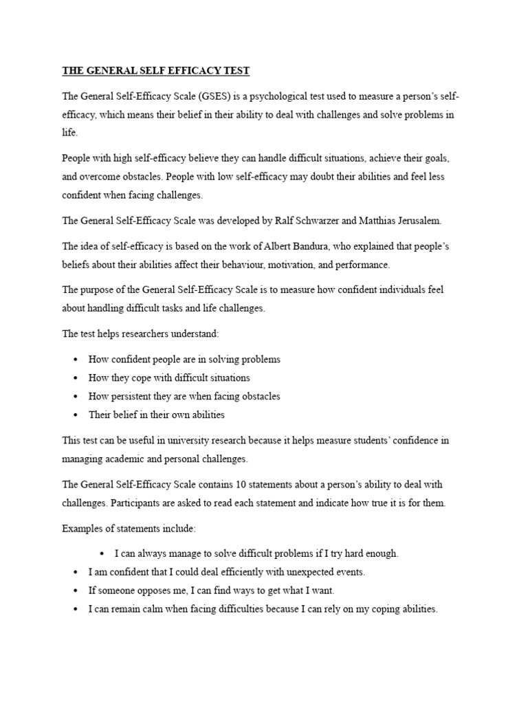 The General Self Efficacy Test | PDF | Self Efficacy | Cognitive Psychology