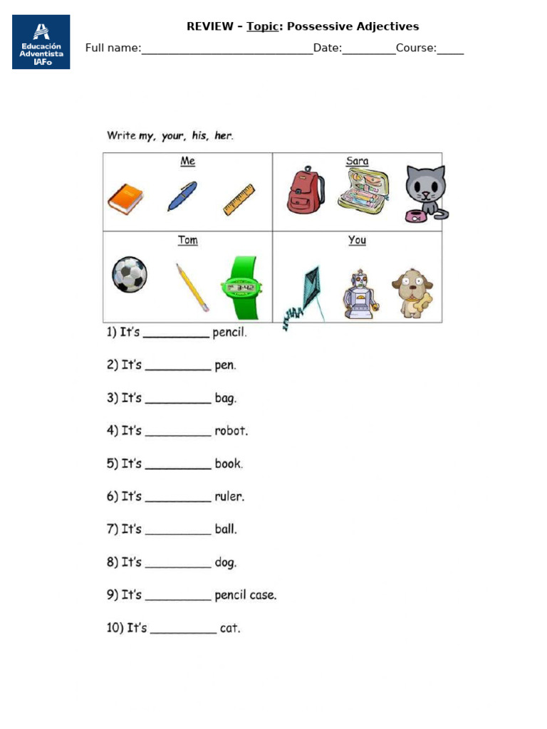 Possessive Adjectives Worksheet | PDF
