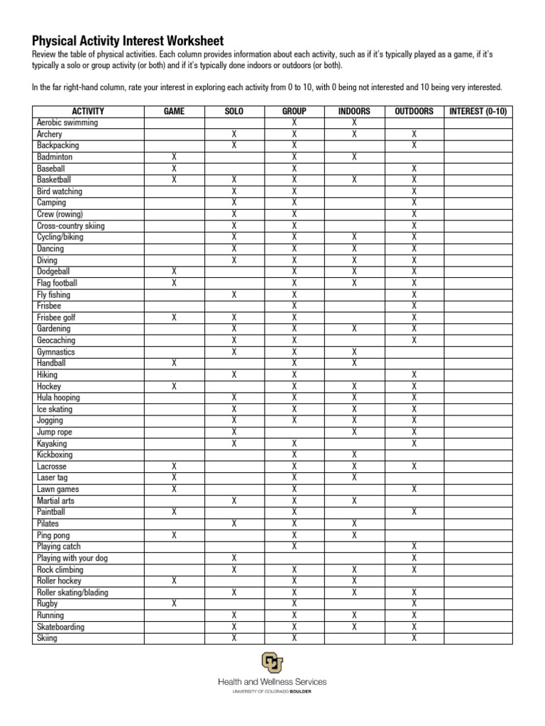 Physical Activity Interest Worksheet Fillable | PDF