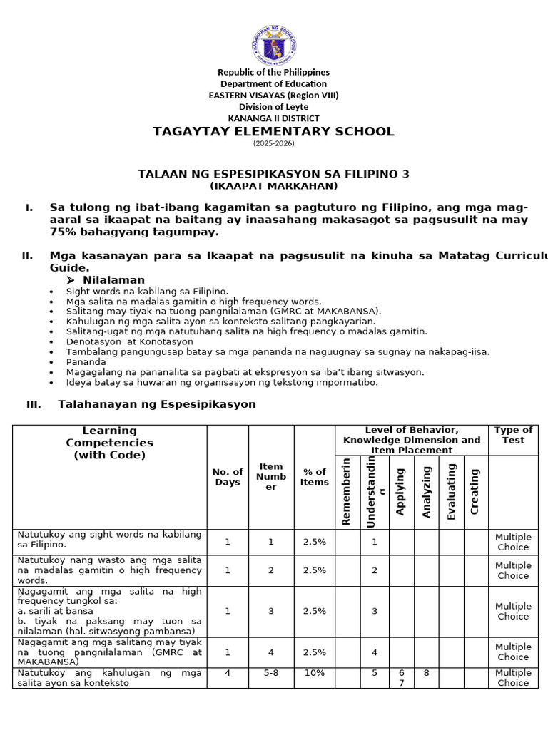 Grade3 Tos Filipino | PDF