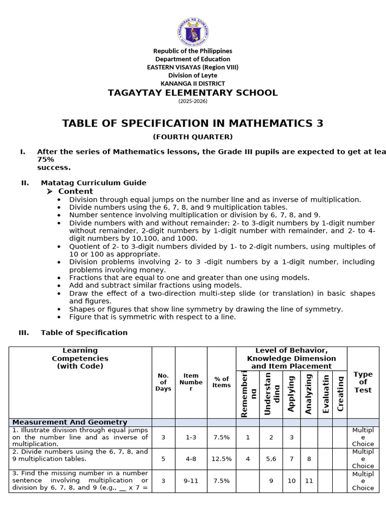 Grade3 Tos Mathematics | PDF