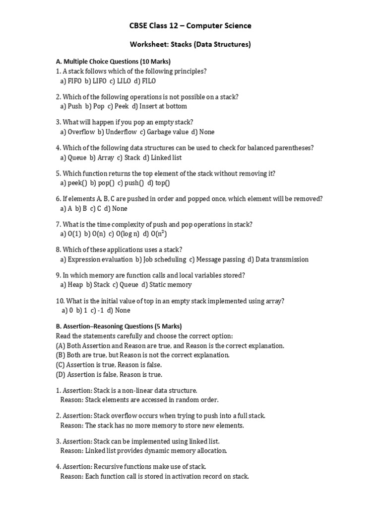 CBSE Class12 CS Stacks Worksheet | PDF | Queue (Abstract Data Type ...