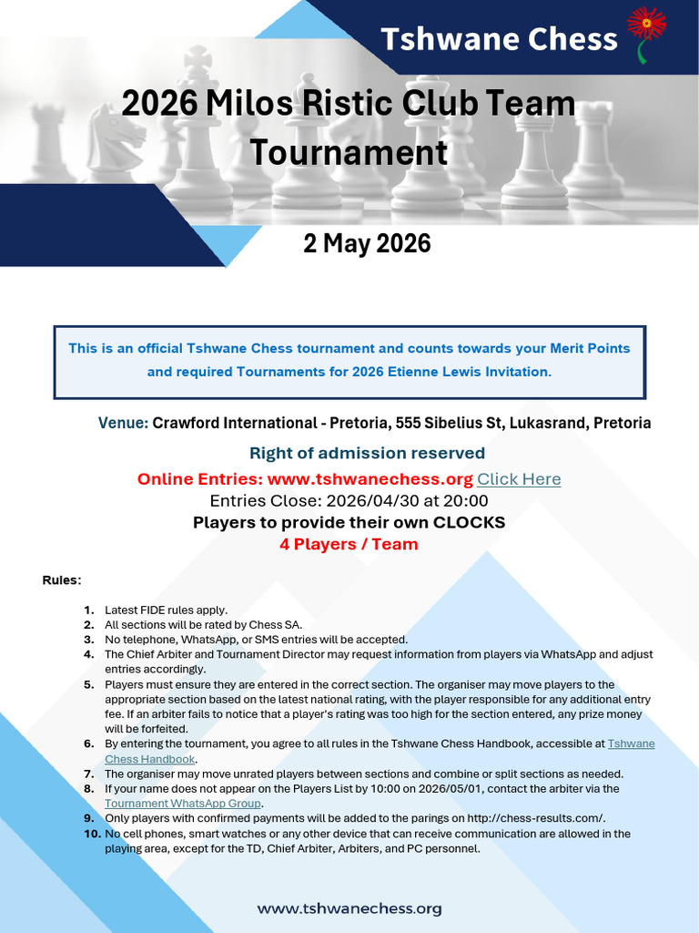 2026 Milos Ristic Open Chess Tournament | PDF | Indemnity | Chess