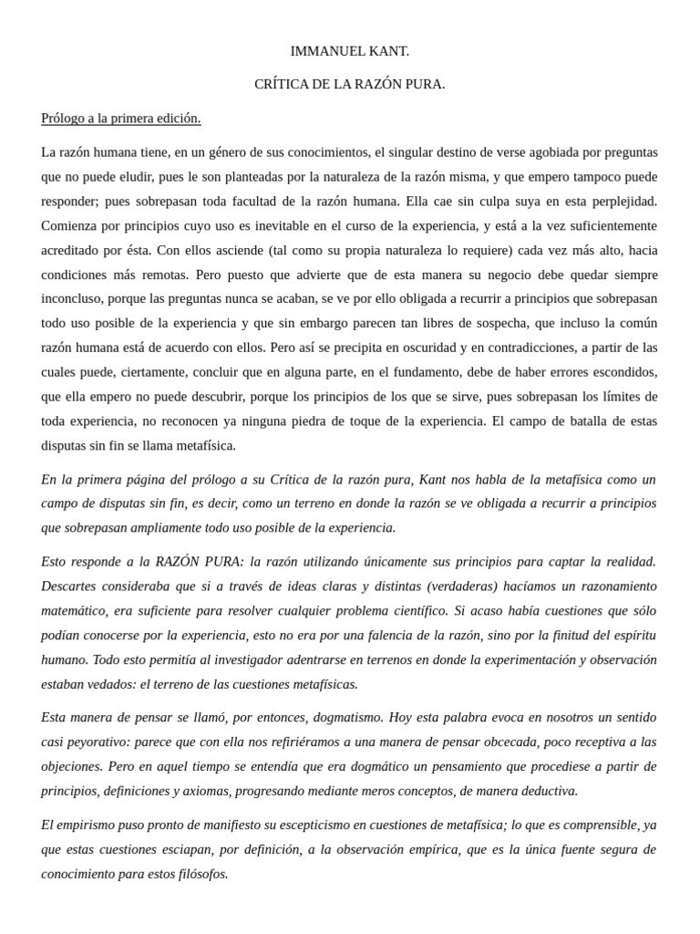 KANT. Crítica de La Razón Pura | PDF | A priori y a posteriori | Razón