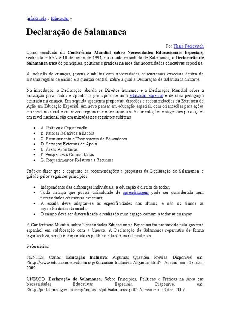 InfoEscola Declaração de Salamanca | PDF | Educação Especial ...
