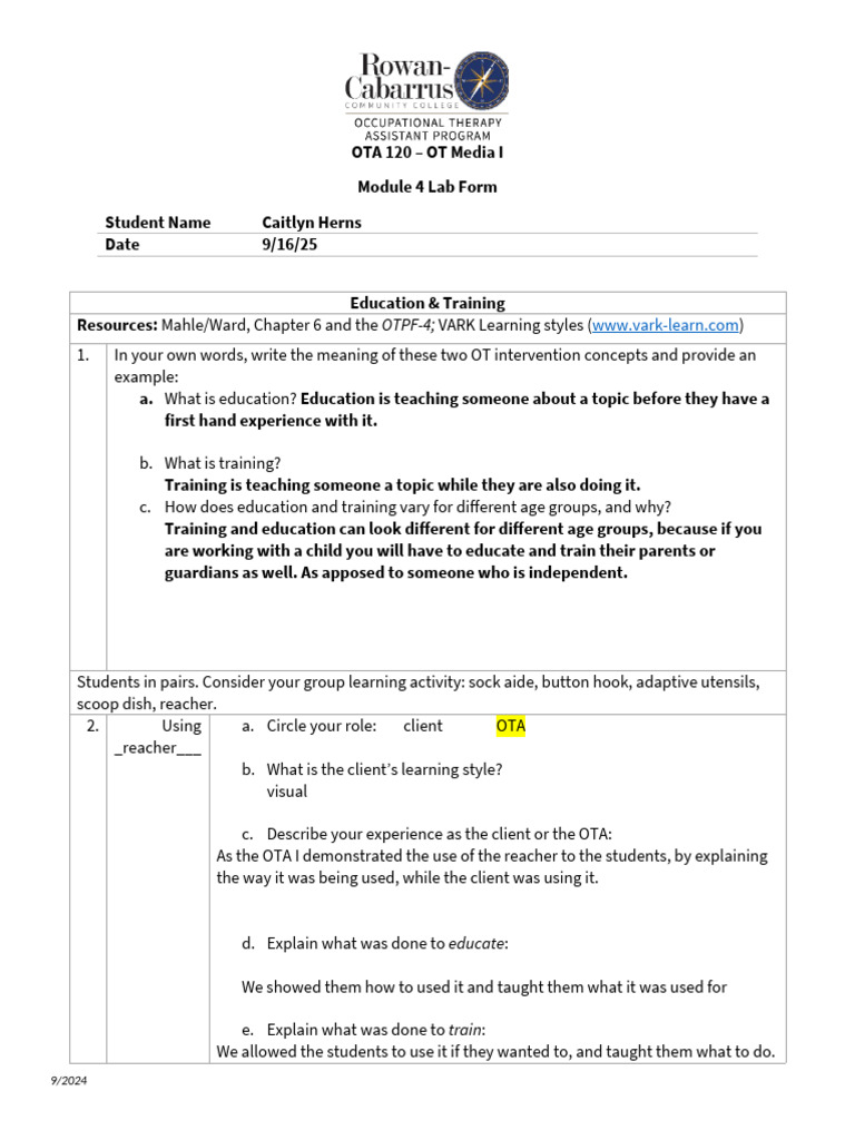 OTA 120 Module 4 Lab Form.2025 | PDF