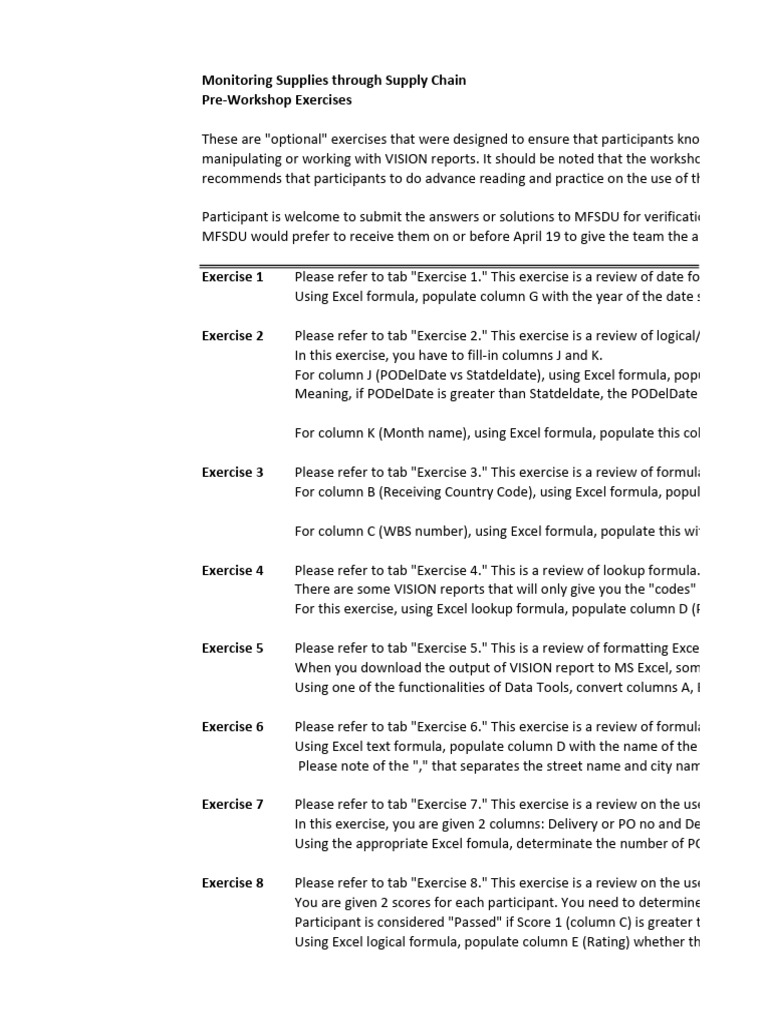 Pre-Workshop Exercises With Solutions | PDF | Microsoft Excel | String ...
