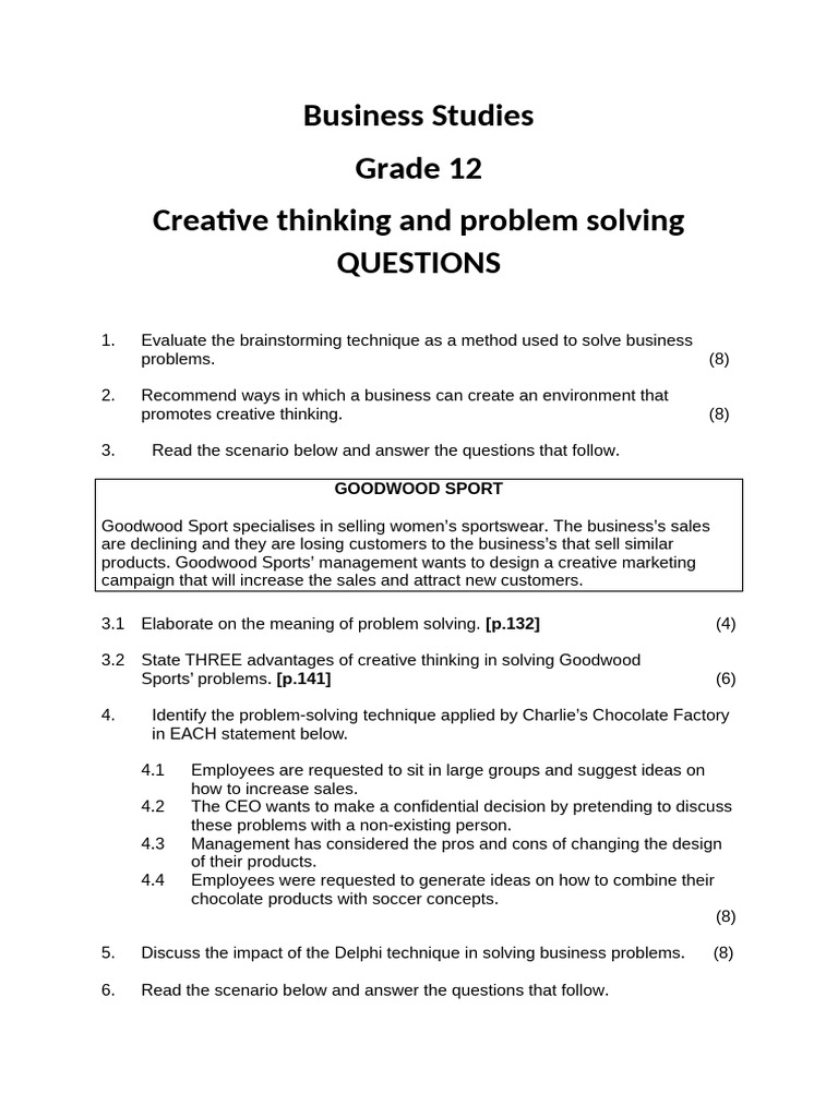 Creative Thinking and Problem Solving Grade 12 Questions | PDF ...