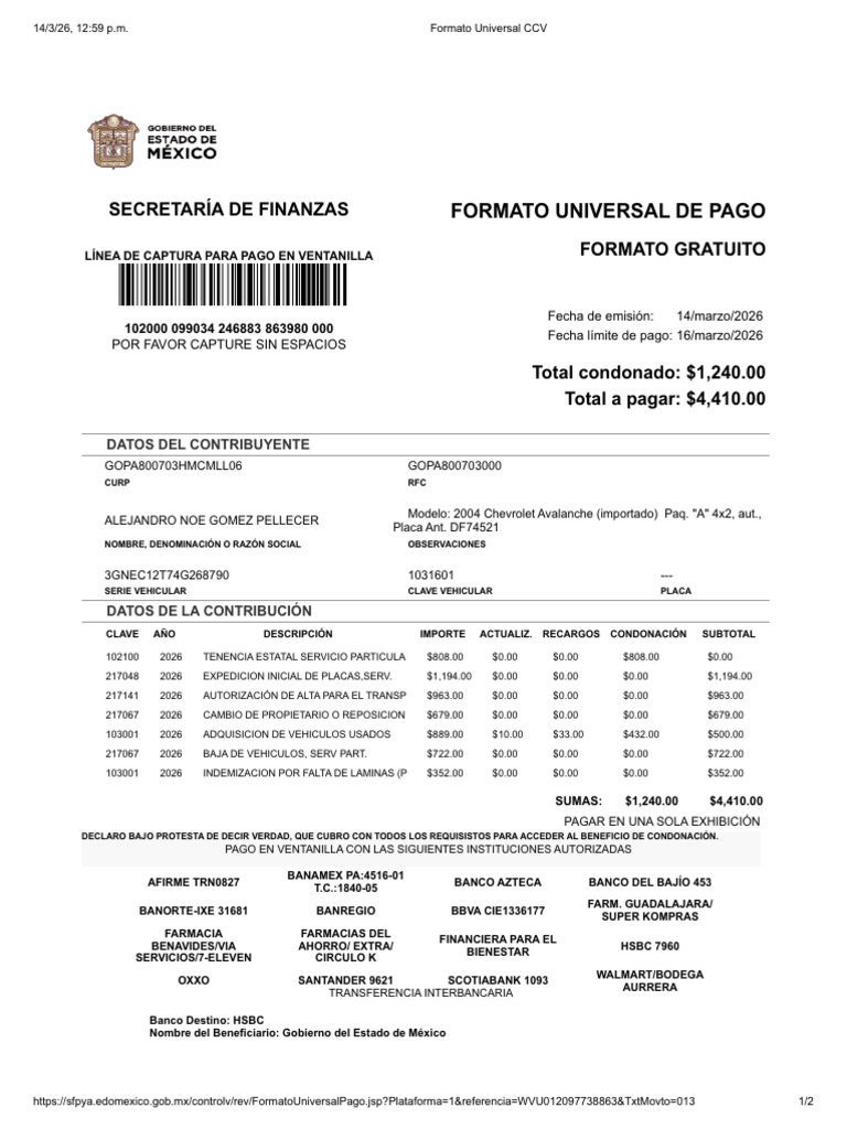2026 03 14 Orden de Pago | PDF | Bancos | Finanzas personales