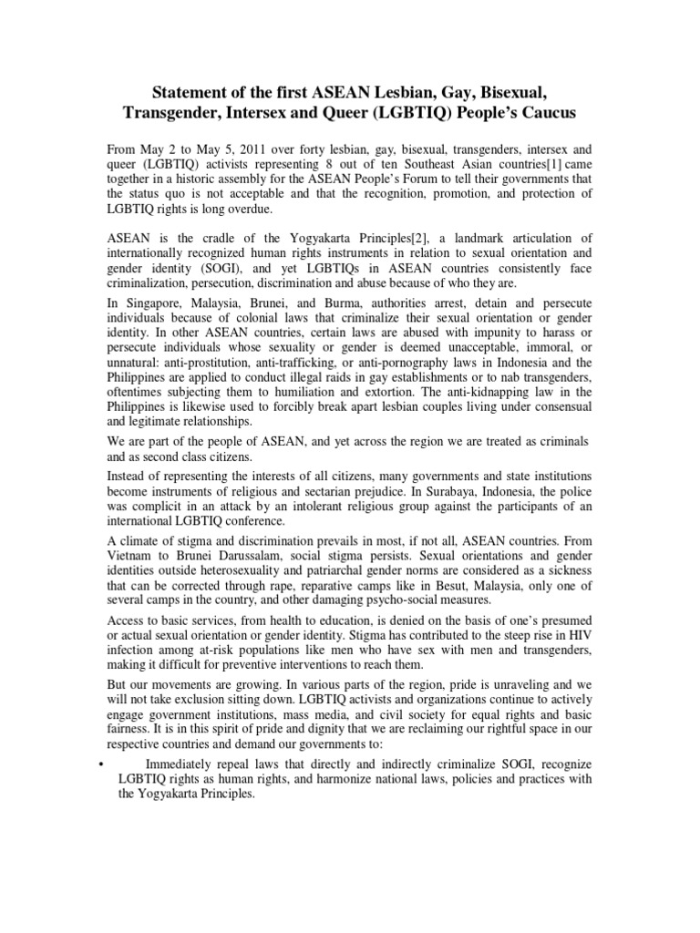 Statement of The First ASEAN LGBTIQ, 2011 | PDF | Lgbt | LGBTQIA+ Studies