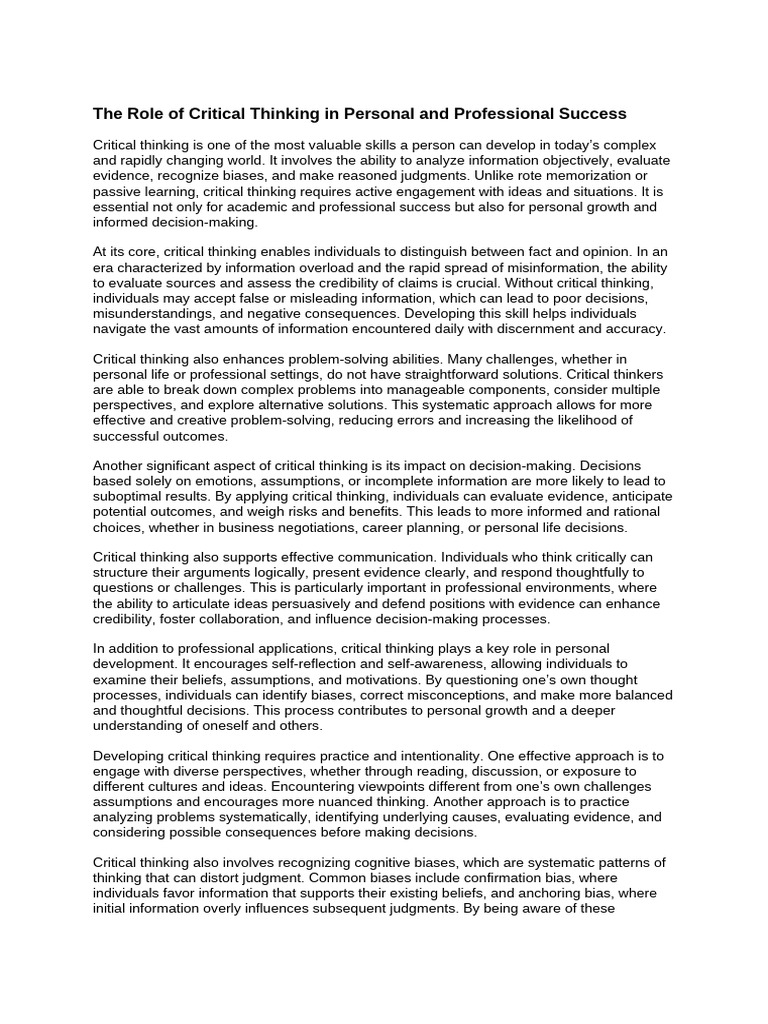 The Role of Critical Thinking in Personal and Professional Success ...