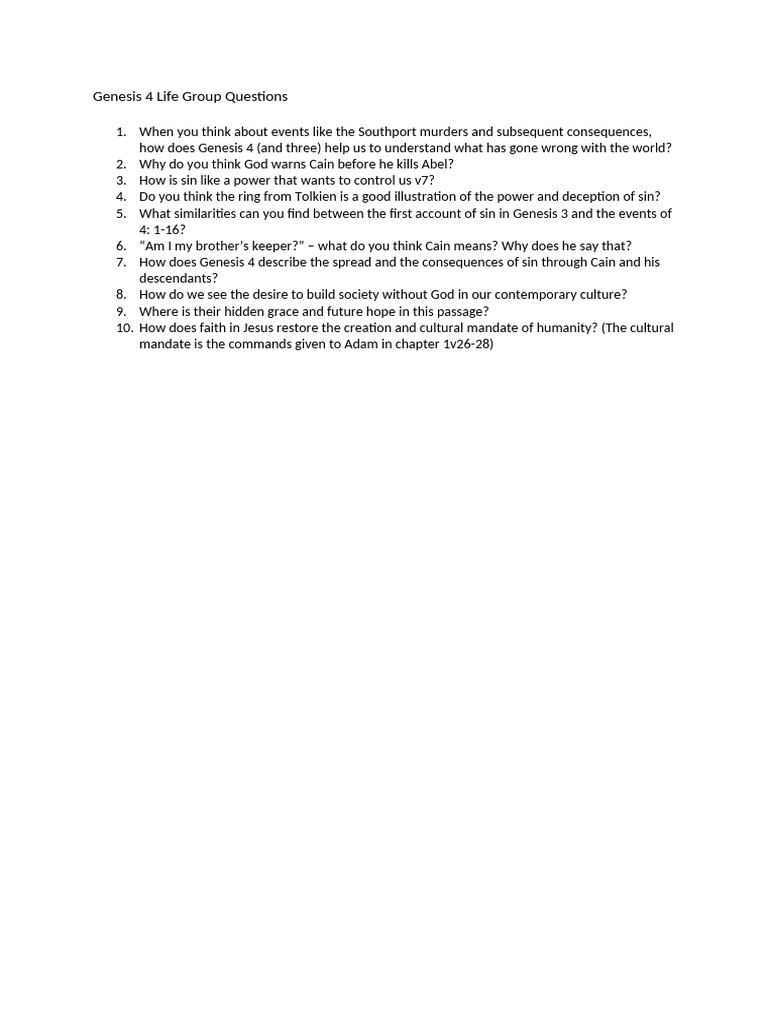 Genesis 4 Life Group Questions | PDF