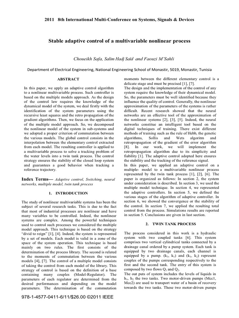 Stable Adaptive Control of A Multivariable Nonlinear Process | PDF