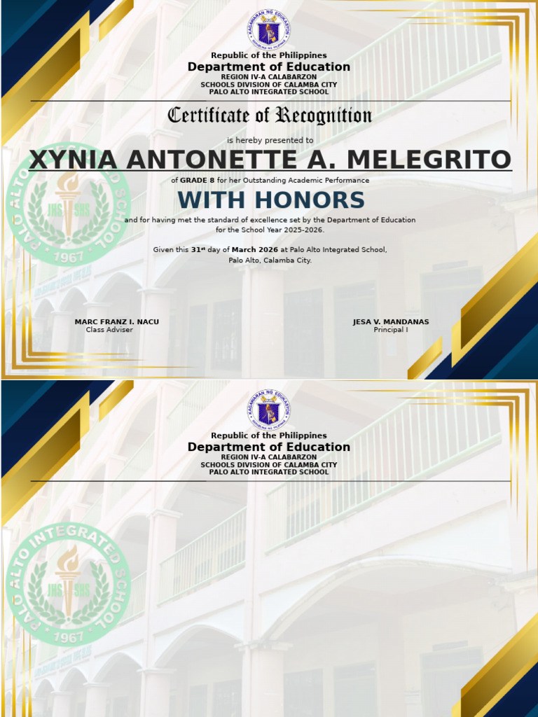 Grade 8 Recognition Certs 25 26 | PDF