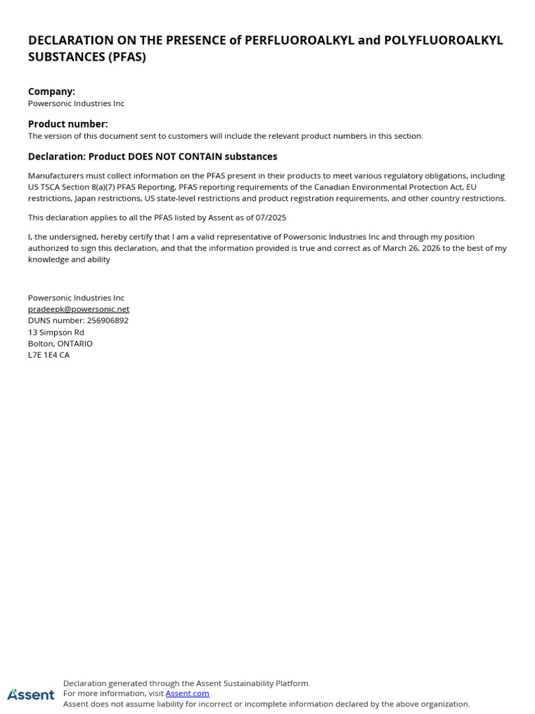 DeclarationSummary PFAS Identification 202603262000 | PDF