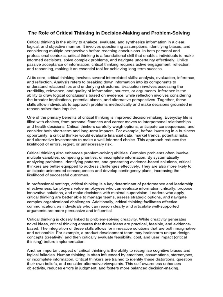 The Role of Critical Thinking in Decision-Making and Problem-Solving 88 ...