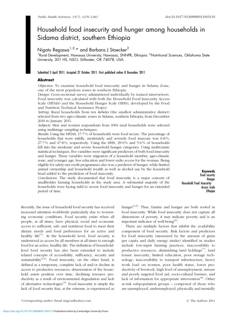 Household Food Insecurity and Hunger Among Households in Sidama ...