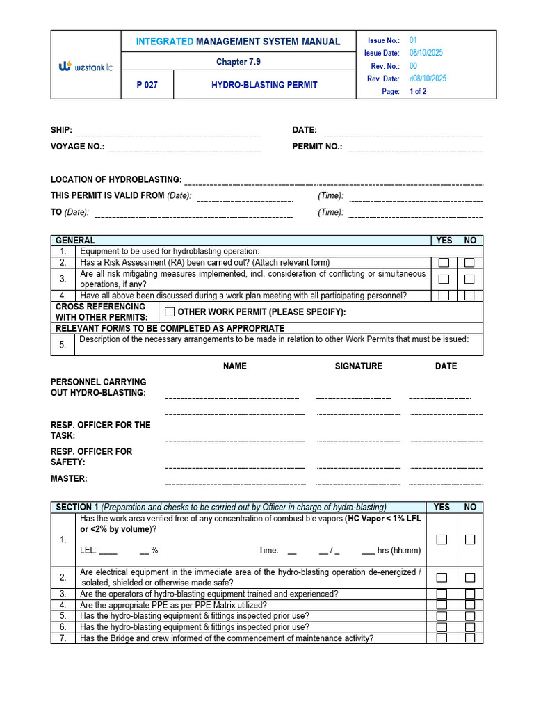 Form P 027 Hydroblasting Permit | PDF