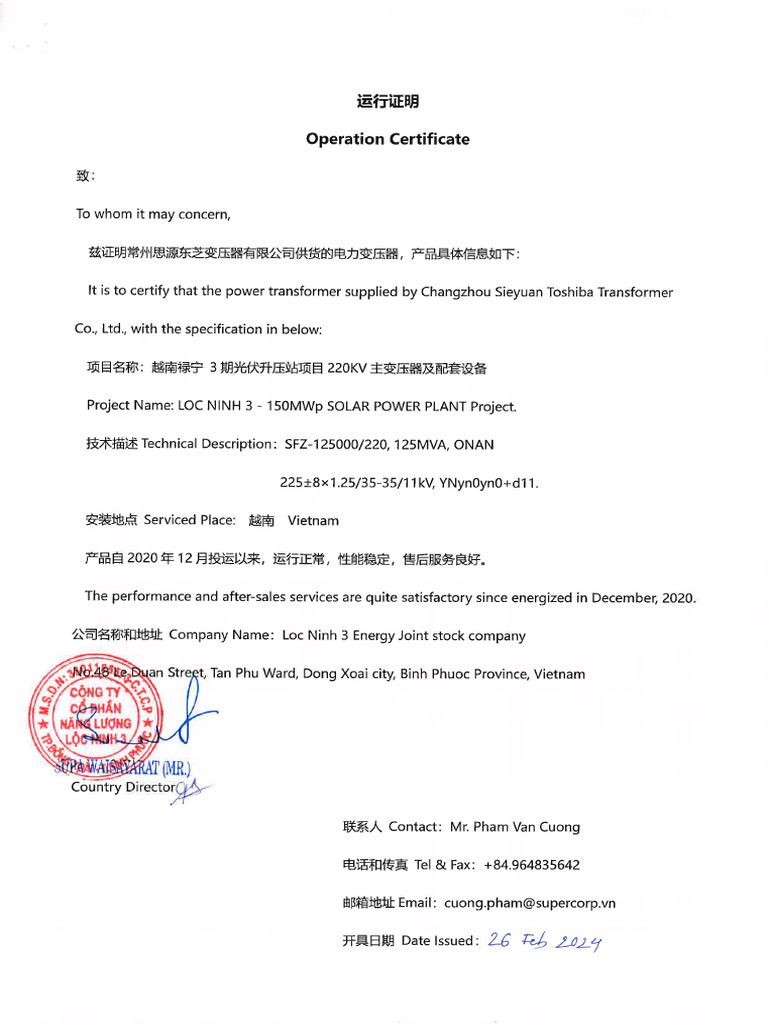Satisfaction Certifcate in Vietnam For 125MVAR | PDF