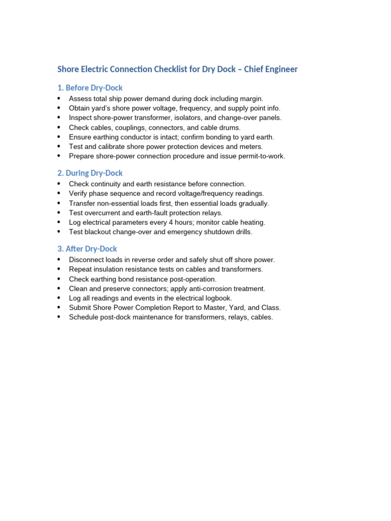 Shore Electric Connection Dry Dock Checklist | PDF