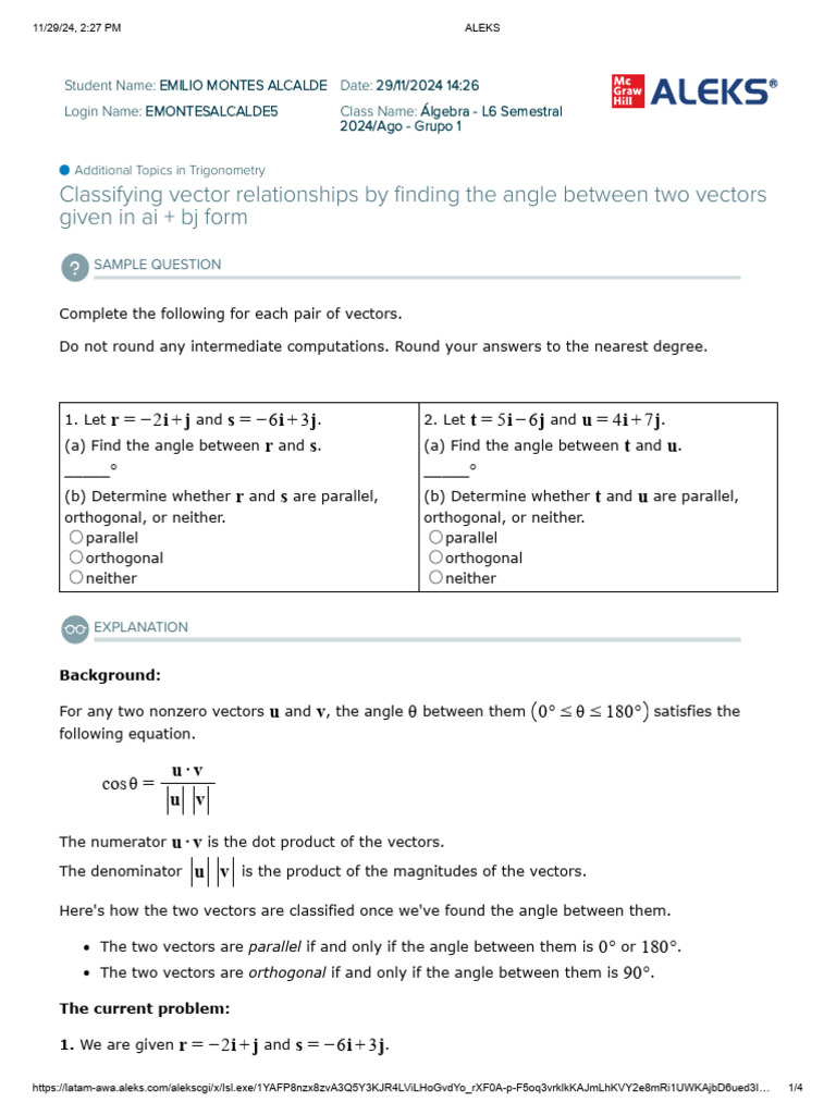Classifying Vector Relationships by Nding The Angle Between Two Vectors ...