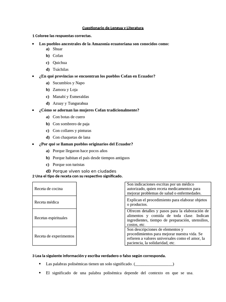 Cuestionario de Lengua y Literatura | PDF