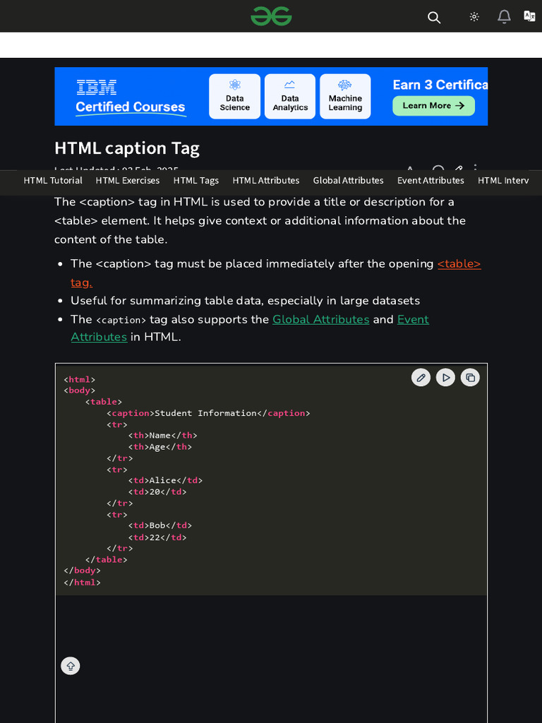 HTML Caption Tag - GeeksforGeeks | PDF