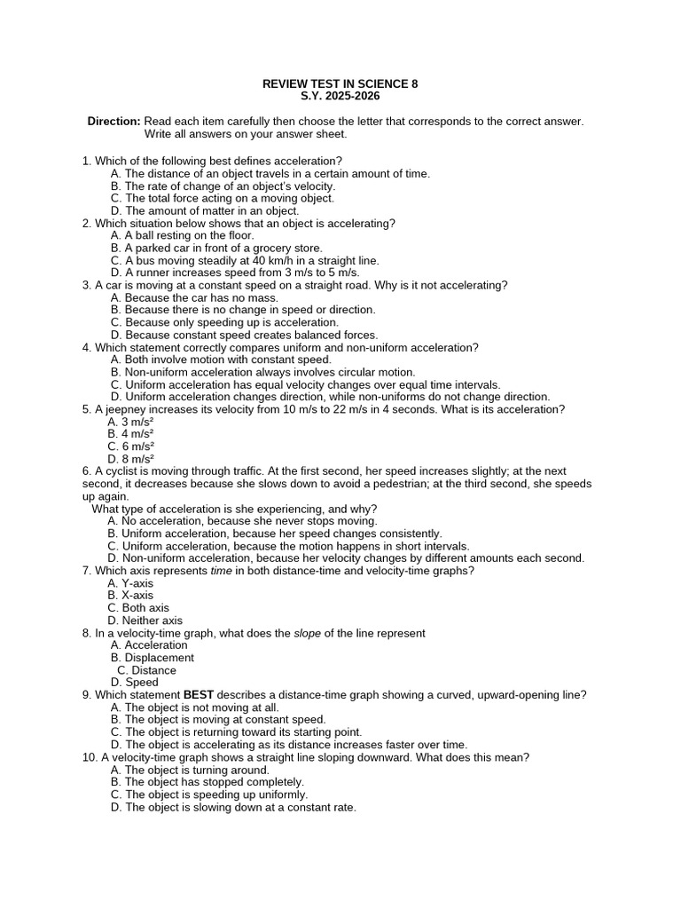Review Test in Science 8 4th Quarter | PDF | Acceleration | Potential ...